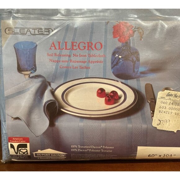 Sleater Soil Releasing No Iron Blue Tablecloth Allegro 60 x 104 Oval NEW VTG - Picture 2 of 3